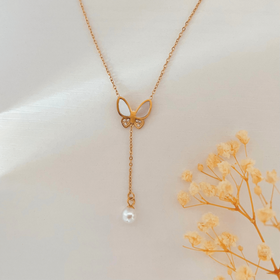 ADA Necklace -  Butterfly Lariat Drop Pearl Necklace