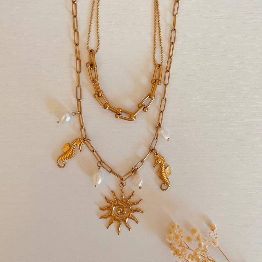 OLGA Necklace Set - Sun Flame Charm Necklace with Natural Pearls - Image 2